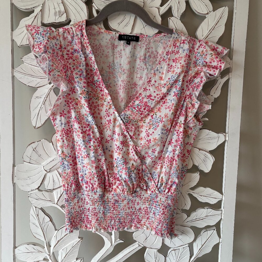 1.State Floral Smocked Bottom Flutter Sleeve Top